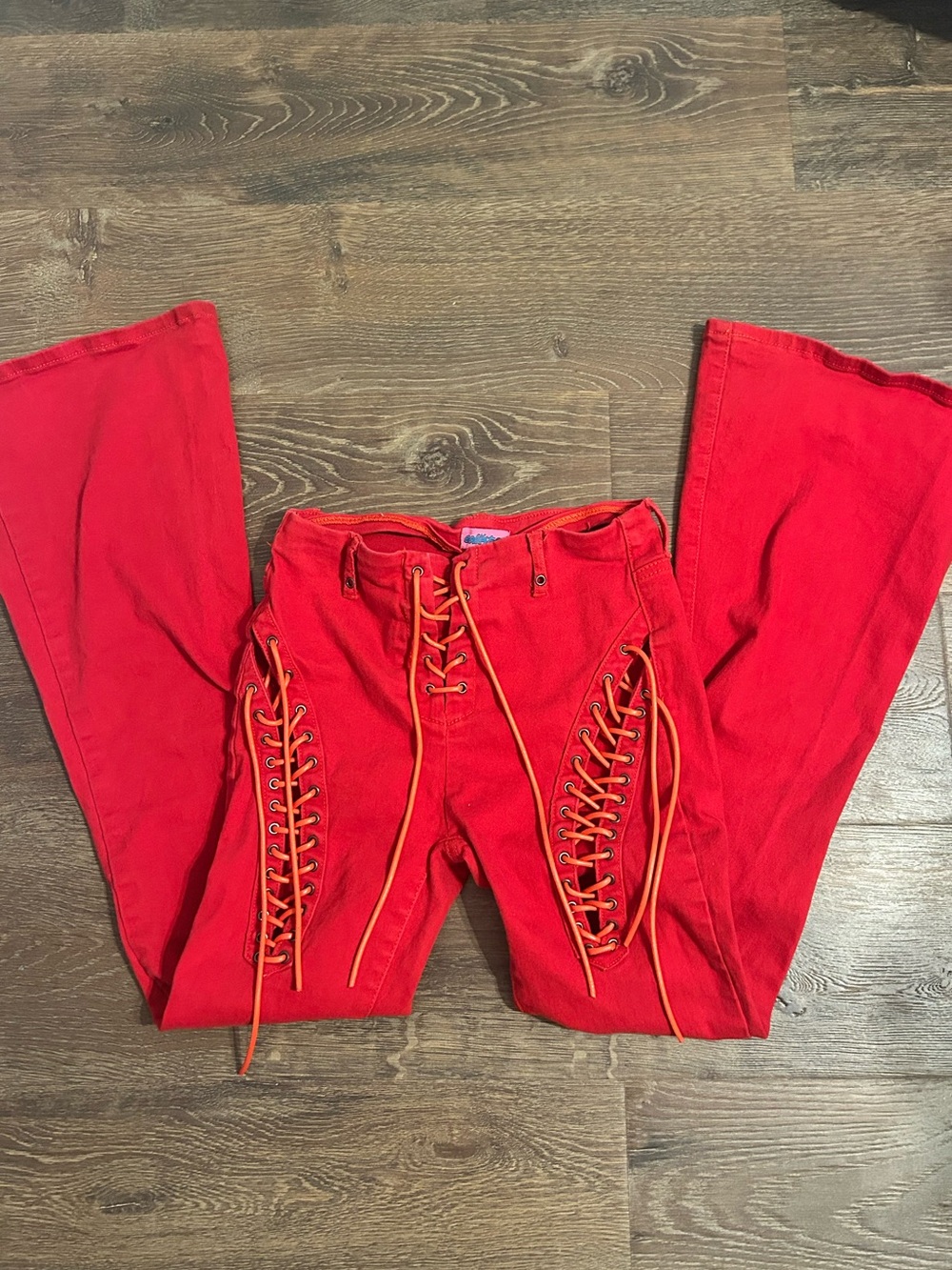 Edikted Red Lace-Up Flare Pants